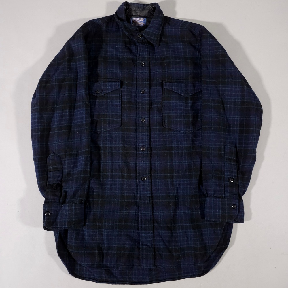 Pendleton Flannel Shirt Mens 15 Blue Black Plaid Wool Button Up True 60s Vintage